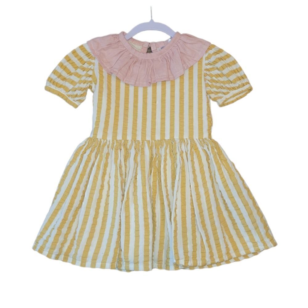 Sadie Then Ty Yellow White Stripe Pink Linen Collar Short Sleeve Dress 4/5 Years